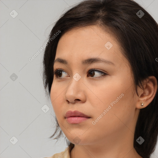 Neutral asian young-adult female with long  brown hair and brown eyes