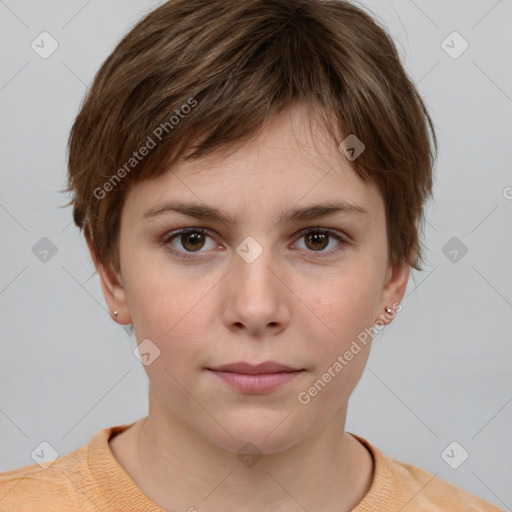 Neutral white young-adult female with short  brown hair and grey eyes