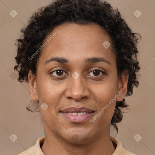Joyful black young-adult female with short  brown hair and brown eyes