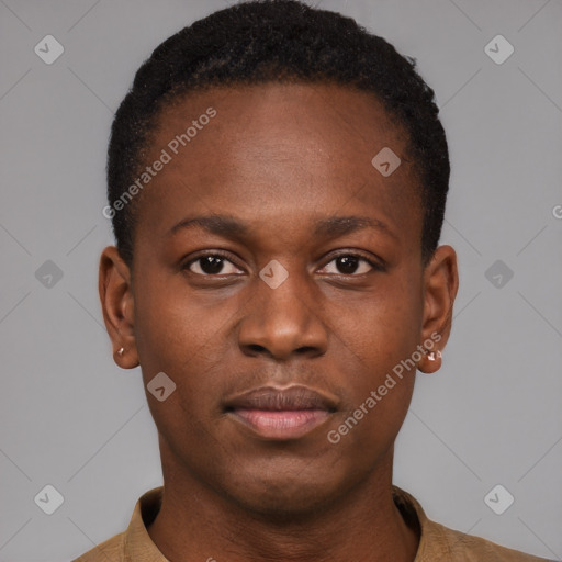 Neutral black young-adult male with short  black hair and brown eyes