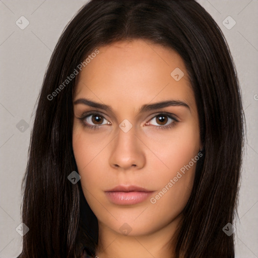 Neutral white young-adult female with long  brown hair and brown eyes