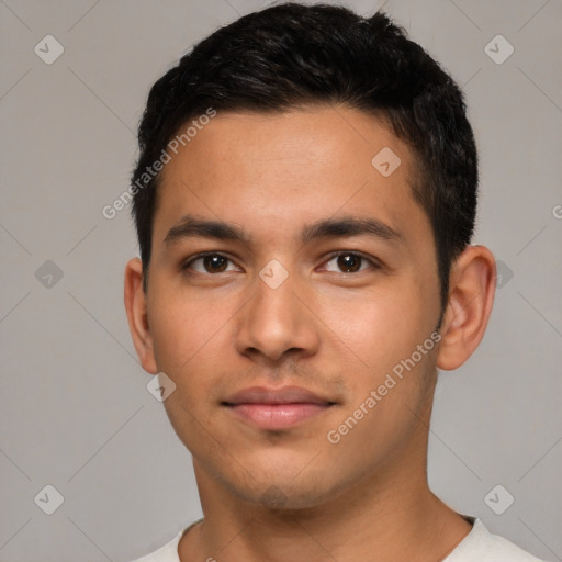 Neutral latino young-adult male with short  brown hair and brown eyes