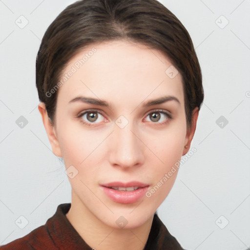 Neutral white young-adult female with short  brown hair and brown eyes