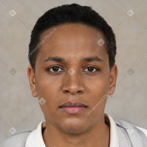 Neutral latino young-adult male with short  brown hair and brown eyes
