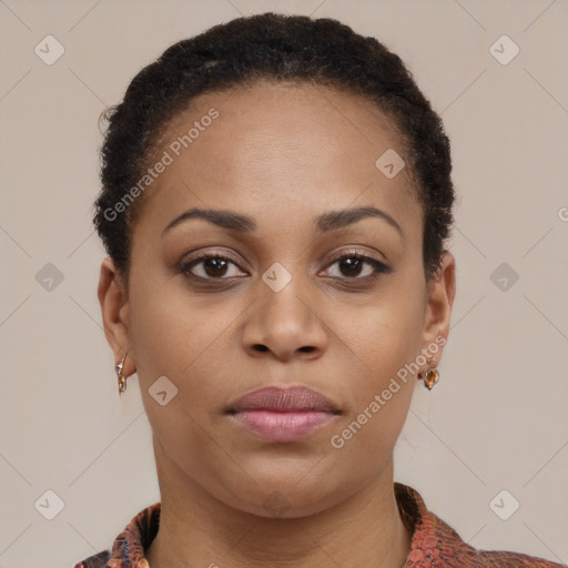 Neutral black young-adult female with short  brown hair and brown eyes