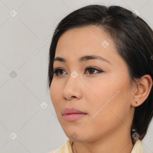 Neutral white young-adult female with medium  brown hair and brown eyes