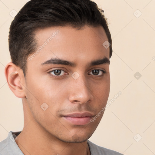 Neutral white young-adult male with short  brown hair and brown eyes