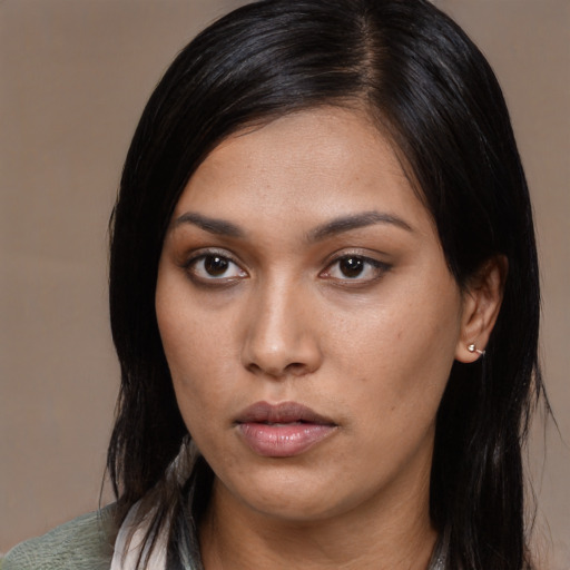 Neutral asian young-adult female with long  black hair and brown eyes