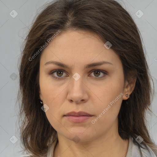 Neutral white young-adult female with medium  brown hair and brown eyes