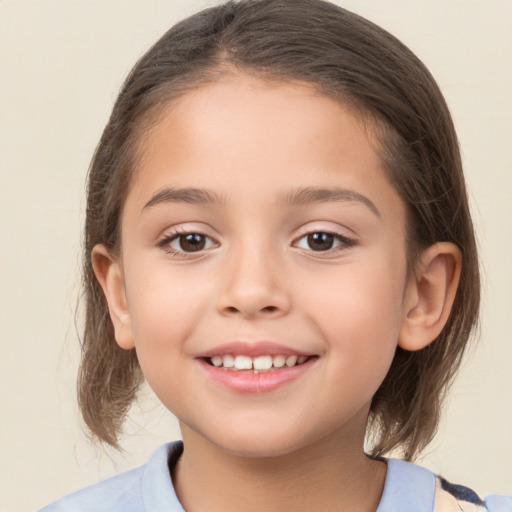 Joyful white child female with medium  brown hair and brown eyes