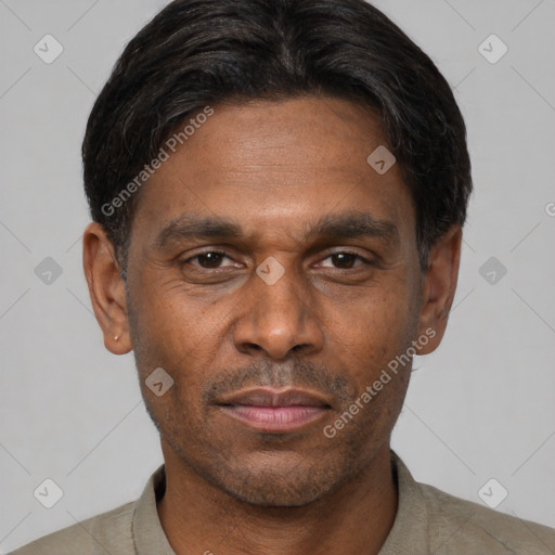 Neutral latino adult male with short  black hair and brown eyes