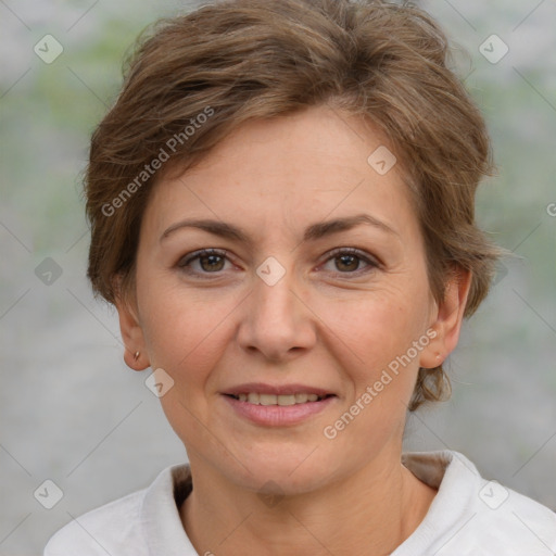 Joyful white adult female with short  brown hair and brown eyes