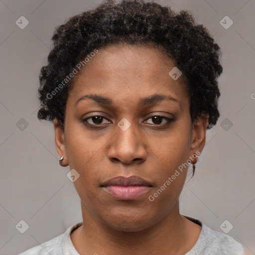 Neutral black young-adult female with short  black hair and brown eyes