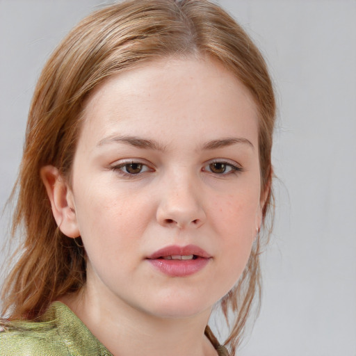 Neutral white young-adult female with medium  brown hair and grey eyes