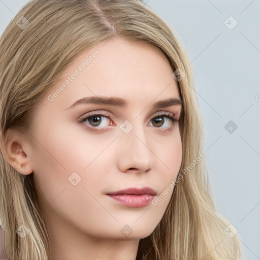 Neutral white young-adult female with long  brown hair and brown eyes