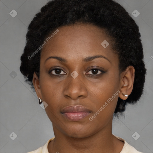 Neutral black young-adult female with short  black hair and brown eyes