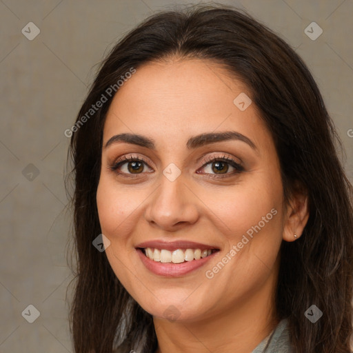 Joyful white young-adult female with long  brown hair and brown eyes