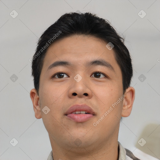 Neutral asian young-adult male with short  brown hair and brown eyes