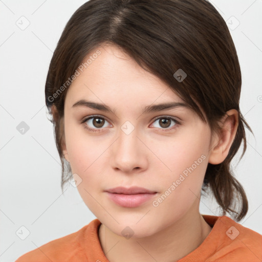 Neutral white young-adult female with medium  brown hair and brown eyes