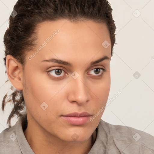 Neutral white young-adult female with short  brown hair and brown eyes