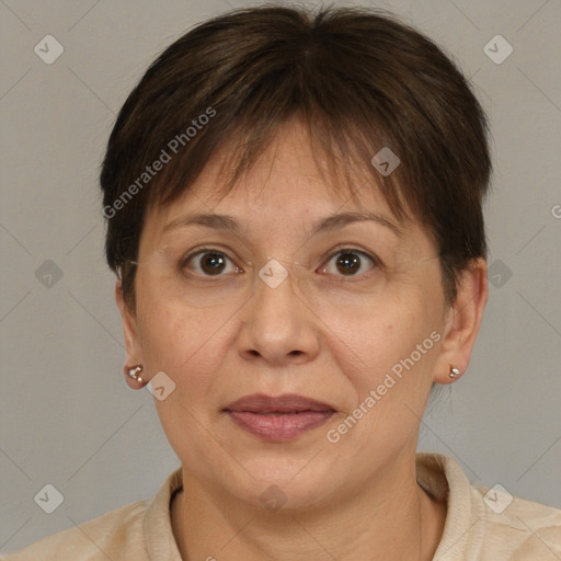 Joyful white adult female with short  brown hair and brown eyes