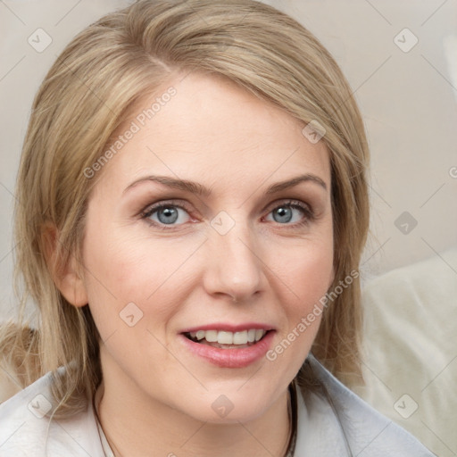 Joyful white young-adult female with medium  brown hair and blue eyes