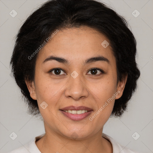 Joyful white adult female with short  brown hair and brown eyes