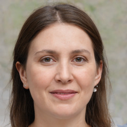 Joyful white adult female with medium  brown hair and brown eyes