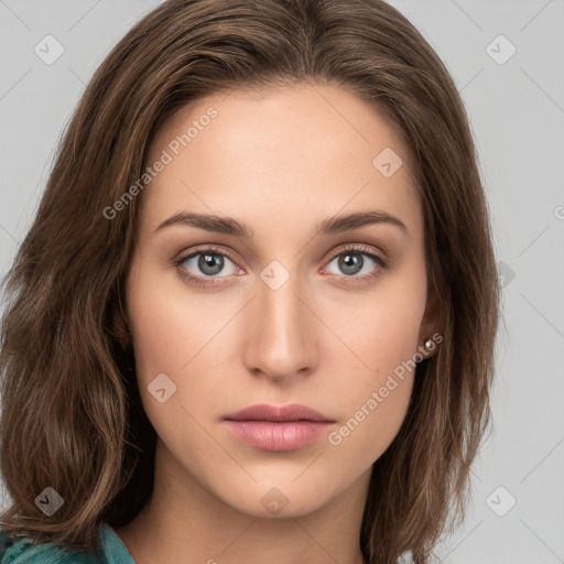 Neutral white young-adult female with long  brown hair and grey eyes