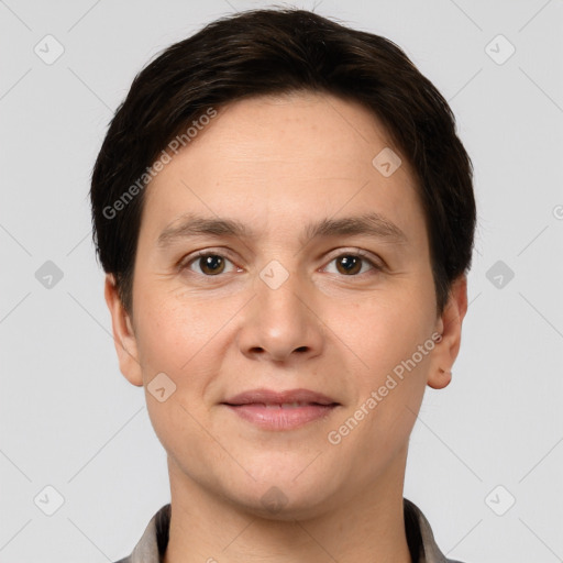 Joyful white young-adult male with short  brown hair and brown eyes