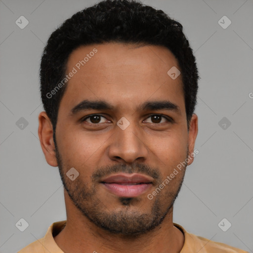 Neutral latino young-adult male with short  black hair and brown eyes