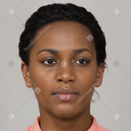 Neutral black young-adult female with short  black hair and brown eyes