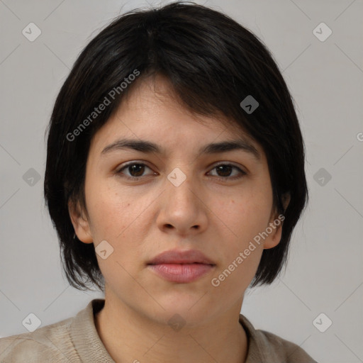 Neutral white young-adult female with medium  brown hair and brown eyes