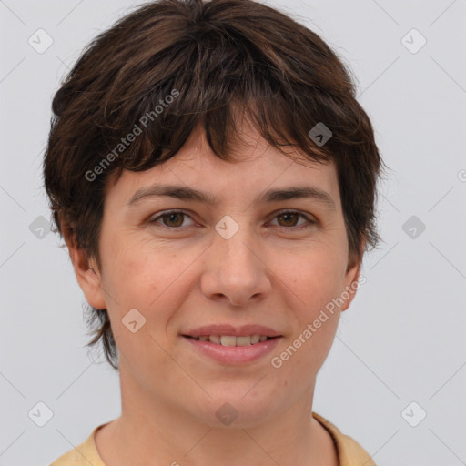 Joyful white young-adult female with medium  brown hair and brown eyes