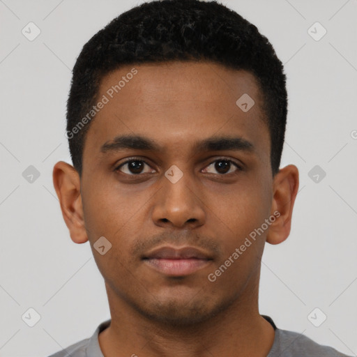 Neutral black young-adult male with short  black hair and brown eyes