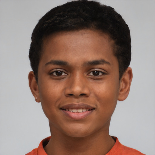 Joyful latino young-adult male with short  brown hair and brown eyes