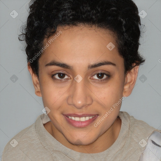 Joyful latino young-adult female with short  brown hair and brown eyes