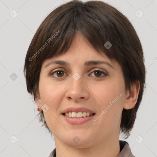 Joyful white young-adult female with medium  brown hair and brown eyes