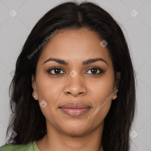 Joyful latino young-adult female with long  brown hair and brown eyes