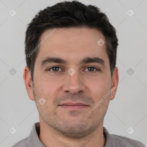 Neutral white adult male with short  brown hair and brown eyes