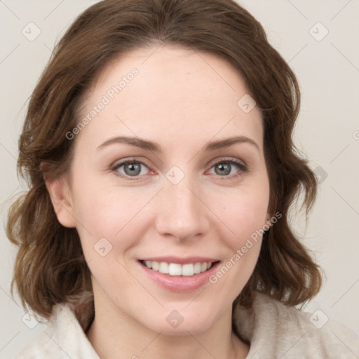 Joyful white young-adult female with medium  brown hair and blue eyes