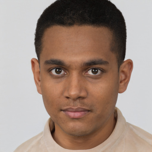 Neutral latino young-adult male with short  brown hair and brown eyes