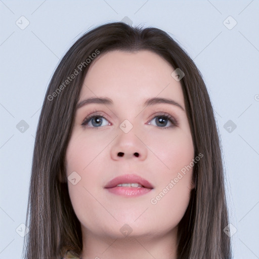 Neutral white young-adult female with long  brown hair and brown eyes