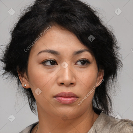 Joyful latino young-adult female with medium  black hair and brown eyes