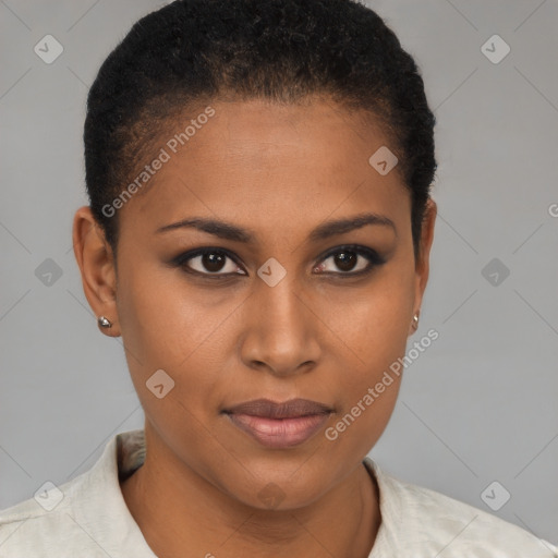 Joyful black young-adult female with short  brown hair and brown eyes