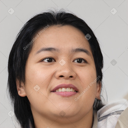 Joyful asian young-adult female with medium  brown hair and brown eyes