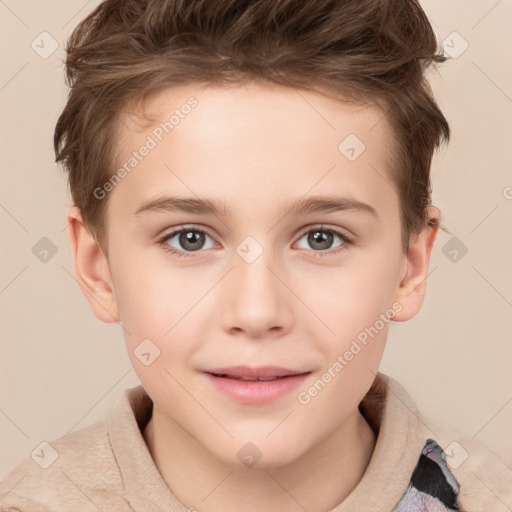 Joyful white child male with short  brown hair and brown eyes