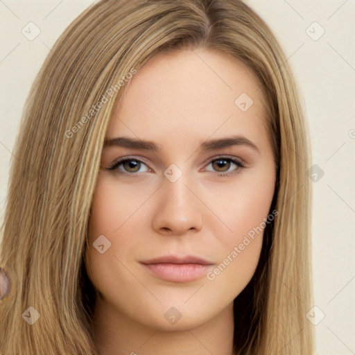 Neutral white young-adult female with long  brown hair and brown eyes