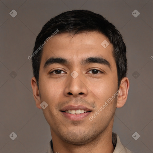 Joyful asian young-adult male with short  black hair and brown eyes