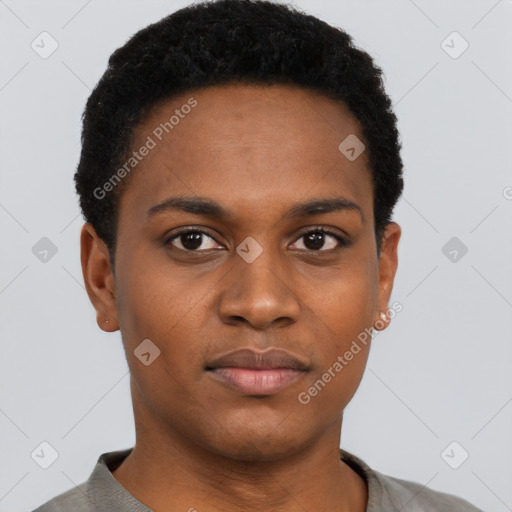 Neutral black young-adult female with short  black hair and brown eyes